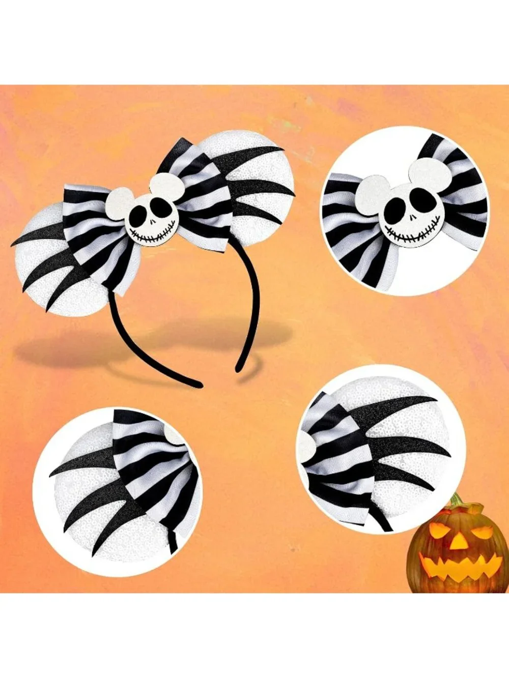 Women Black White Sequin Handmade Mickey Mouse Headband 2 Pieces